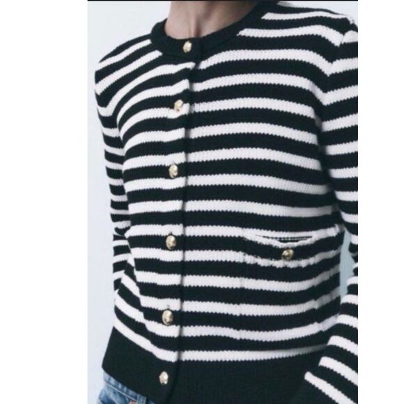 ZARA Womens L White Black Striped Knit Gold Nautical Preppy Cardigan Sweater - Picture 2 of 10